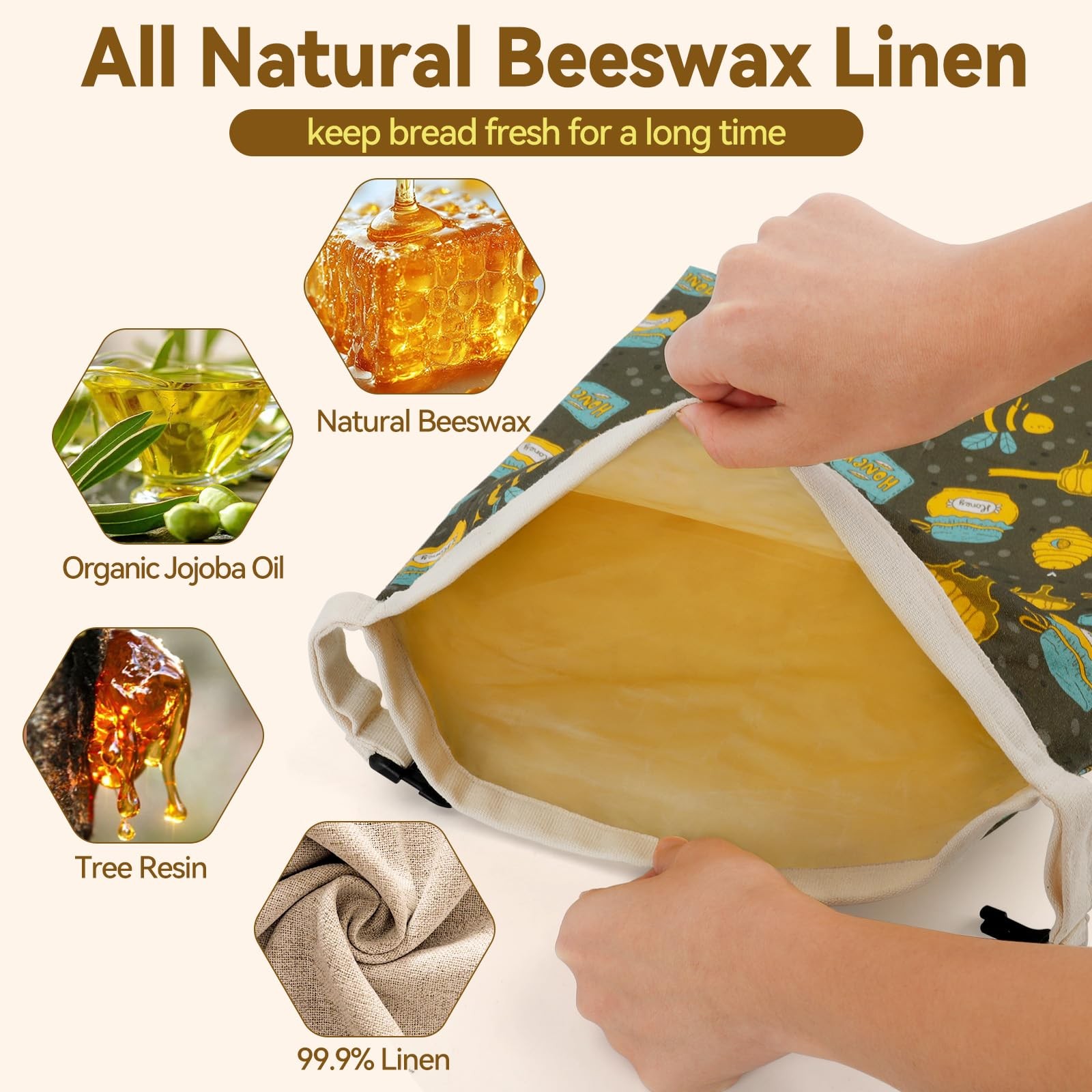 HAPYHOOM 2 Pack Natural Beeswax Bread Bags Large, Off white & Green