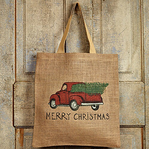 New Country Farmhouse Rustic VINTAGE RED TRUCK MERRY CHRISTMAS Burlap Tote Bag