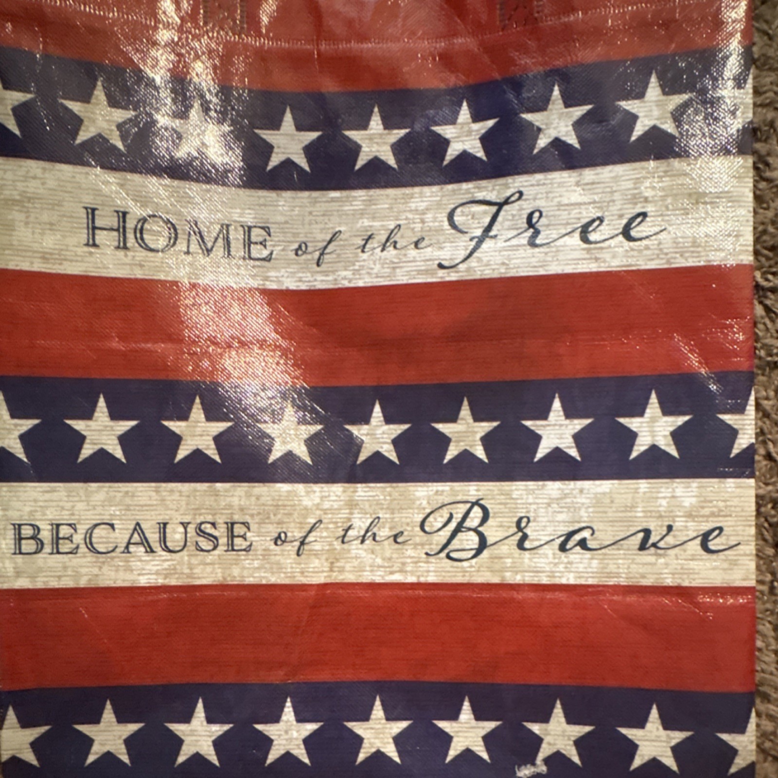 Large Reusable Shopping Bag Plastic Stars & Stripes Red White Blue Foldable Used