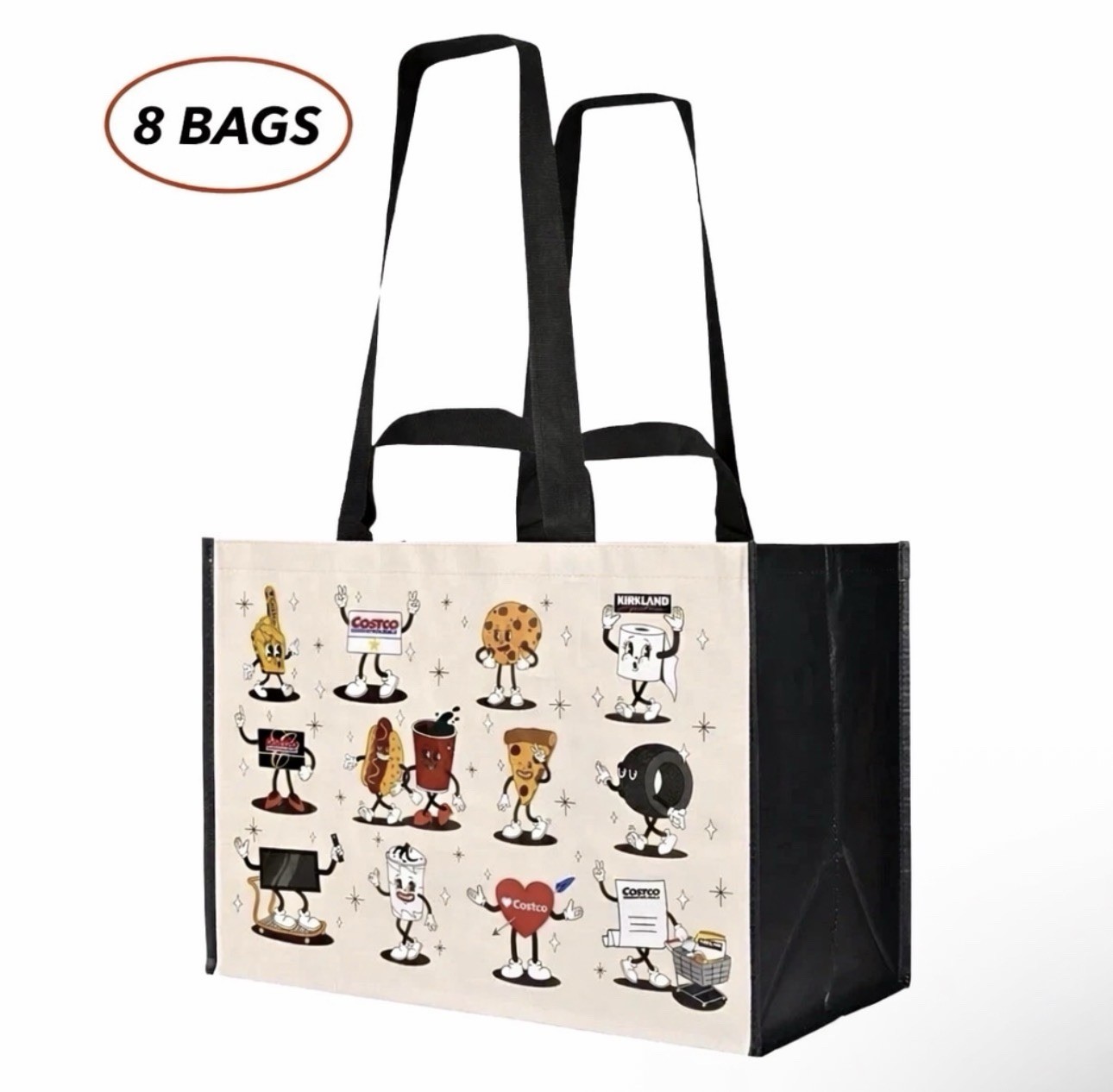 COSTCO KEEP COOL REUSABLE CHARACTER TOTE SHOPPING BAGS- 8 BAGS -LARGE HEAVY DUTY