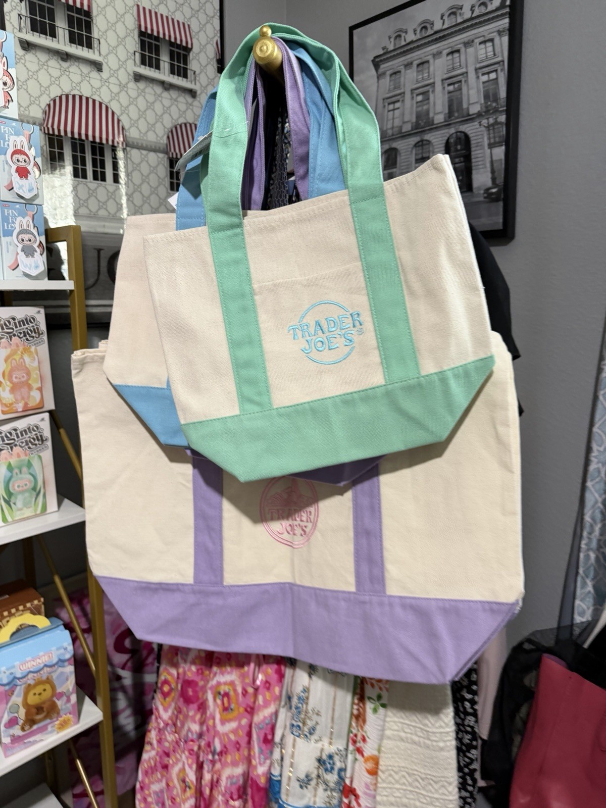 Trader Joe’s Reusable Canvas Tote Shopping Bag Beige/Purple 49x19x29 in