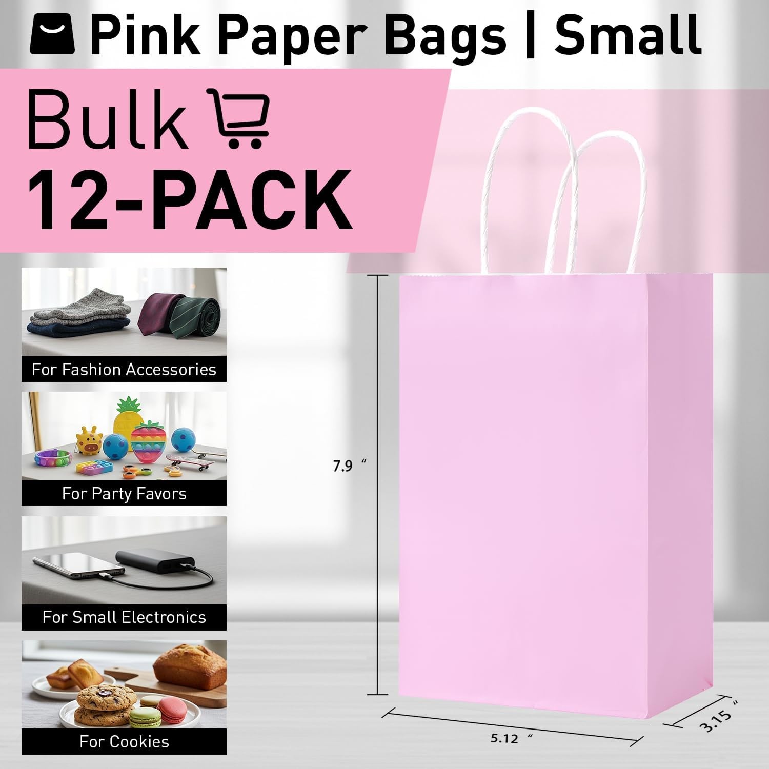 12-Pack Pink Bags with Handles, 7.9×5.12×3.15 Inches Kraft Paper Party Favor
