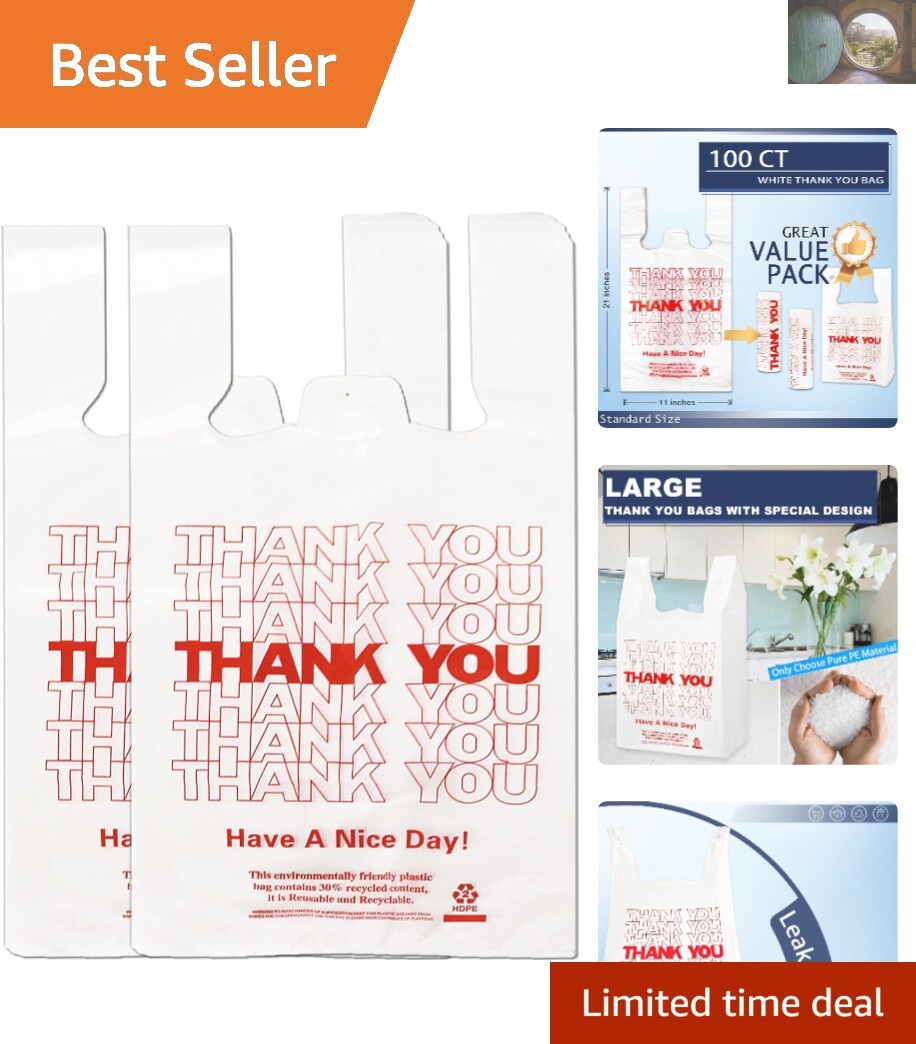 100 White Thank You Shopping Bags, Durable Reusable & Disposable 11”x6”x21”