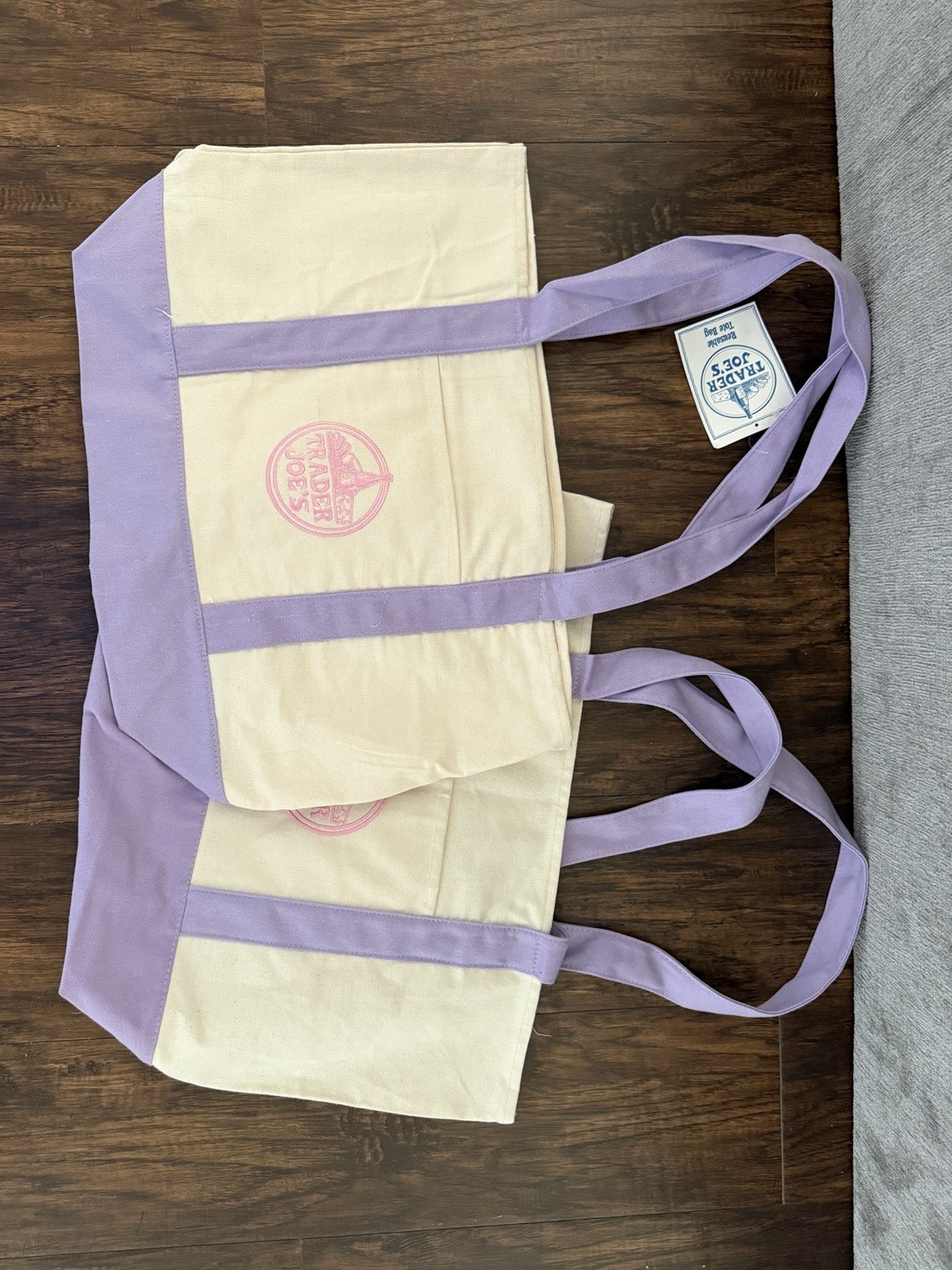 Trader Joe’s Canvas Foldable Reusable Shopping Bags Beige Purple Set of 1