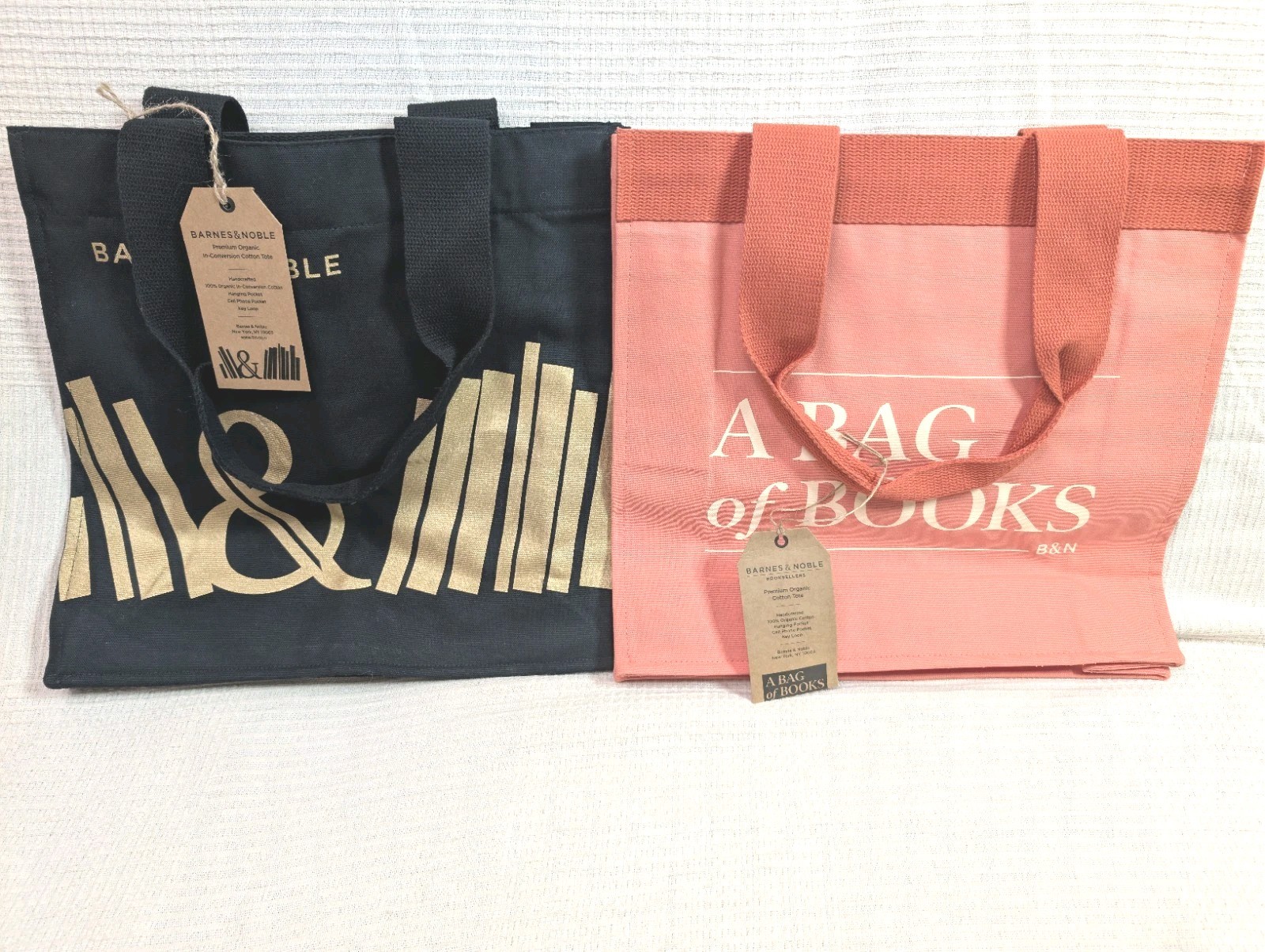 Barnes & Noble Organic Cotton Tote Bag Lot of 2 Rust/Peach & Black/Gold Canvas