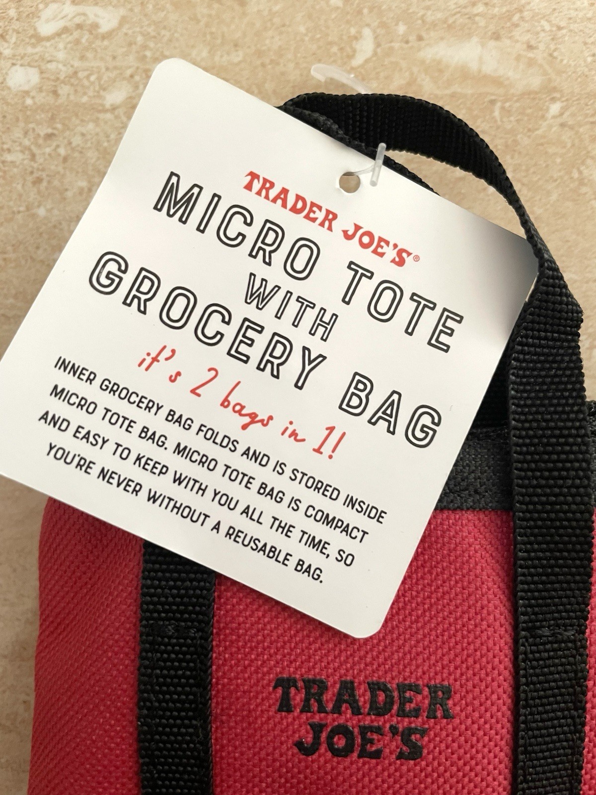 Trader Joes Micro Tote With Grocery Bag 2 In 1 DISCONTINUED Red With Black