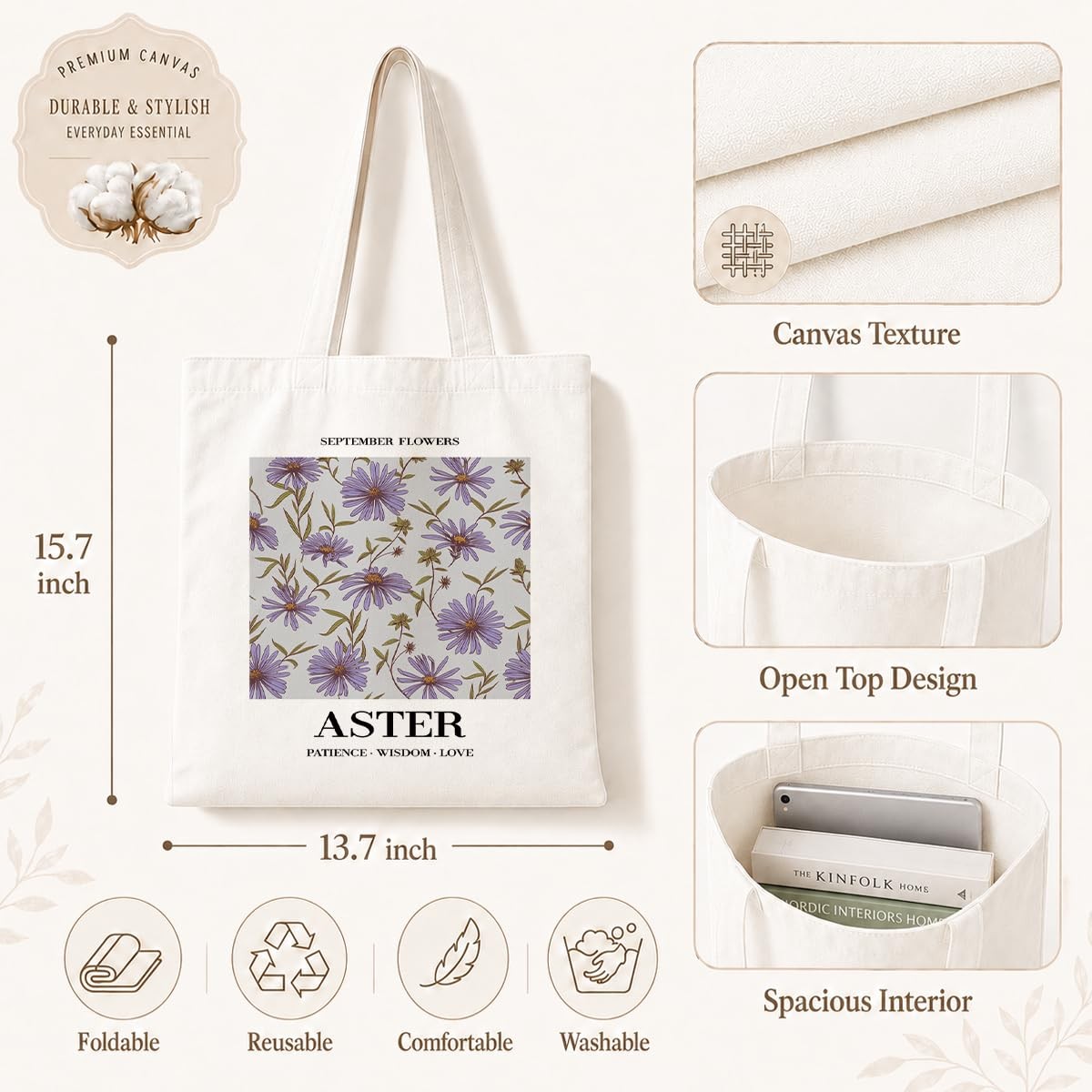 Flower Canvas Tote Bag, September Aster Reusable Shoulder Bags, Christmas Gif…