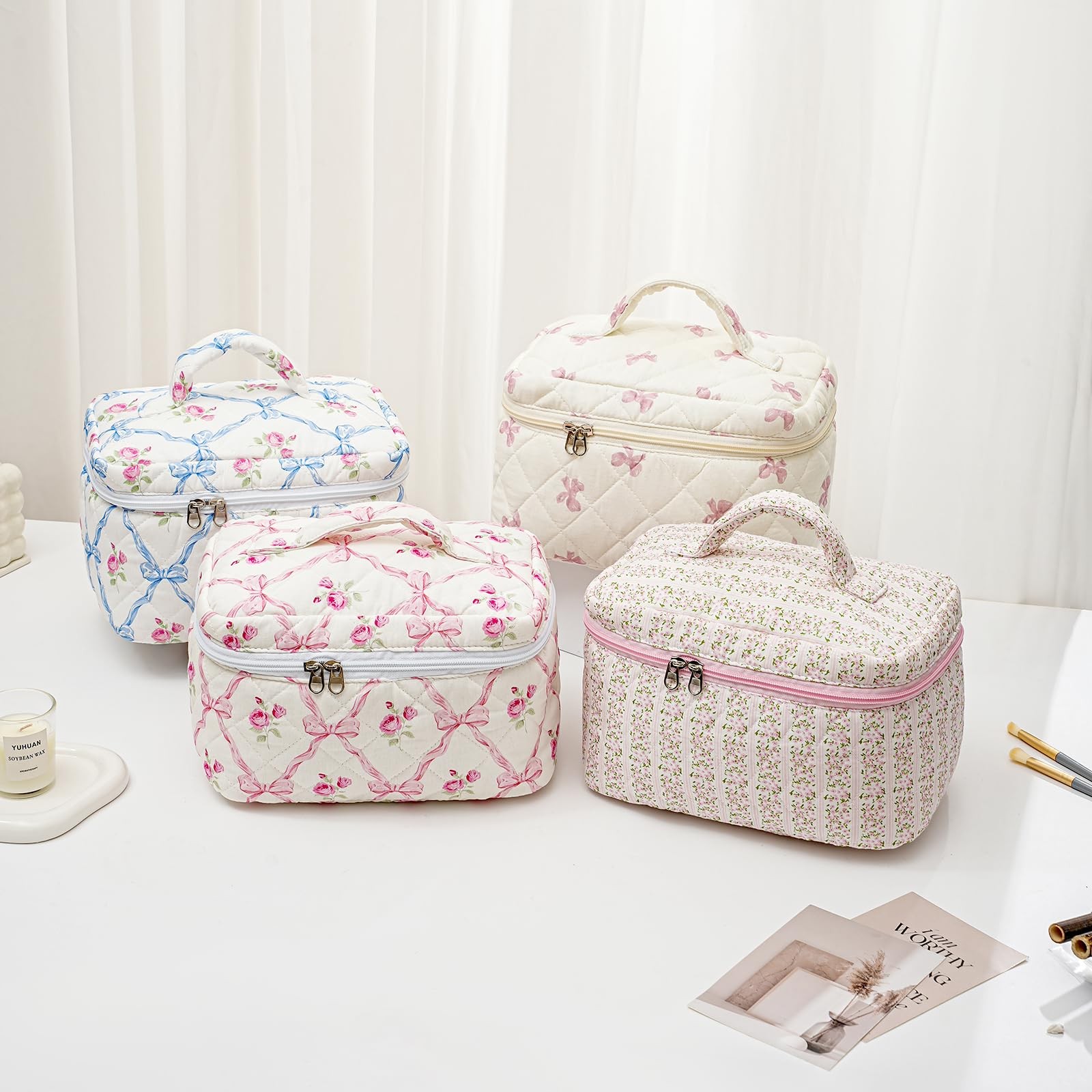 HHQQWZ 2 Pcs Makeup Bag Cosmetic for Women Girls, Cute Large Pink+Pink