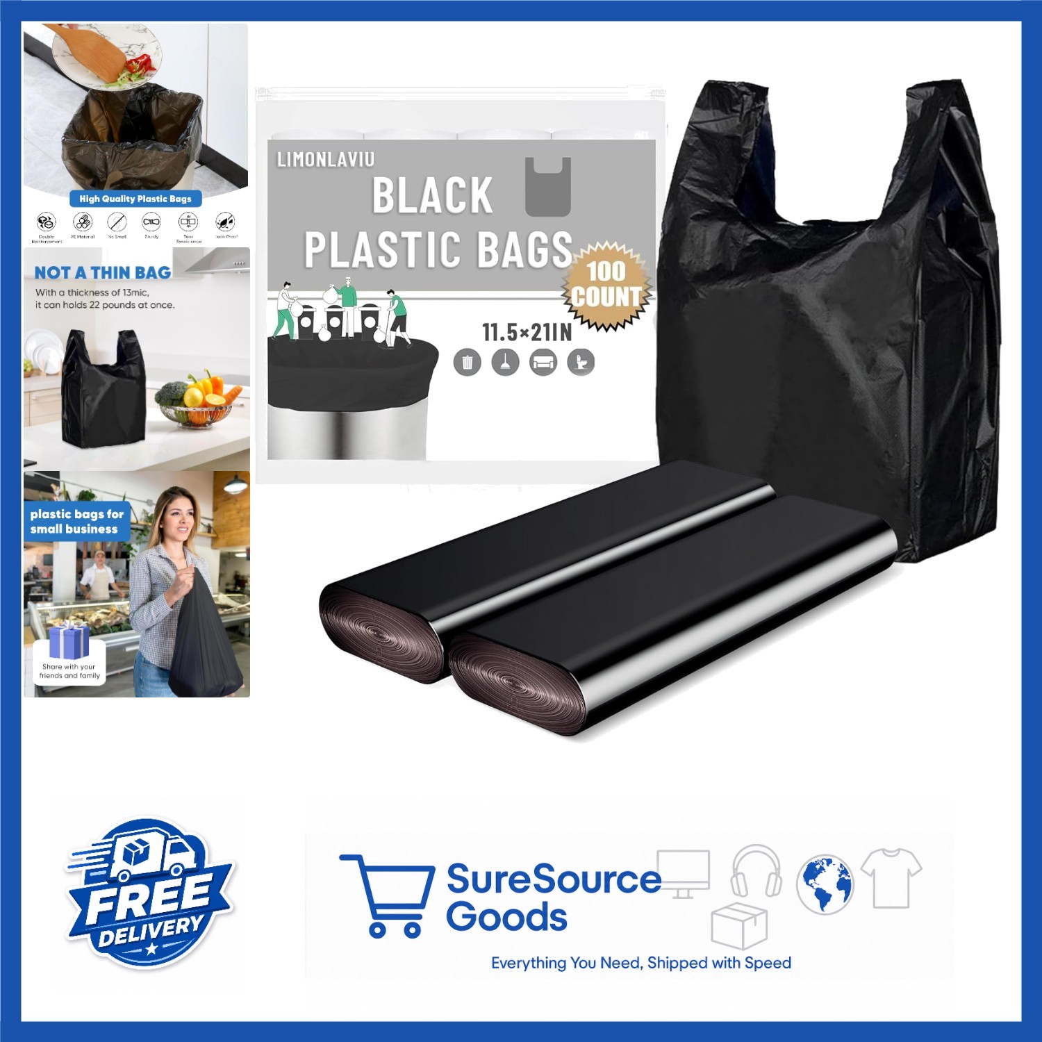 Unscented Black Plastic Grocery Bags 100 Count 11.5″ x 6.5″ x 21″ Heavy Duty
