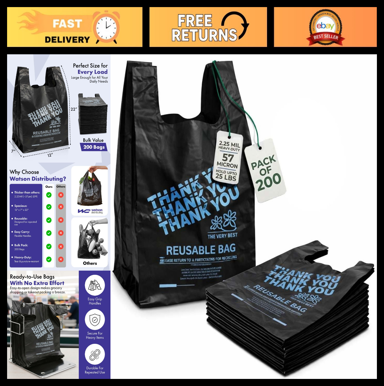 Heavy Duty Reusable Grocery Bags 12″x7″x22″ – 200 Count LDPE T-Shirt Bags, 25 lb