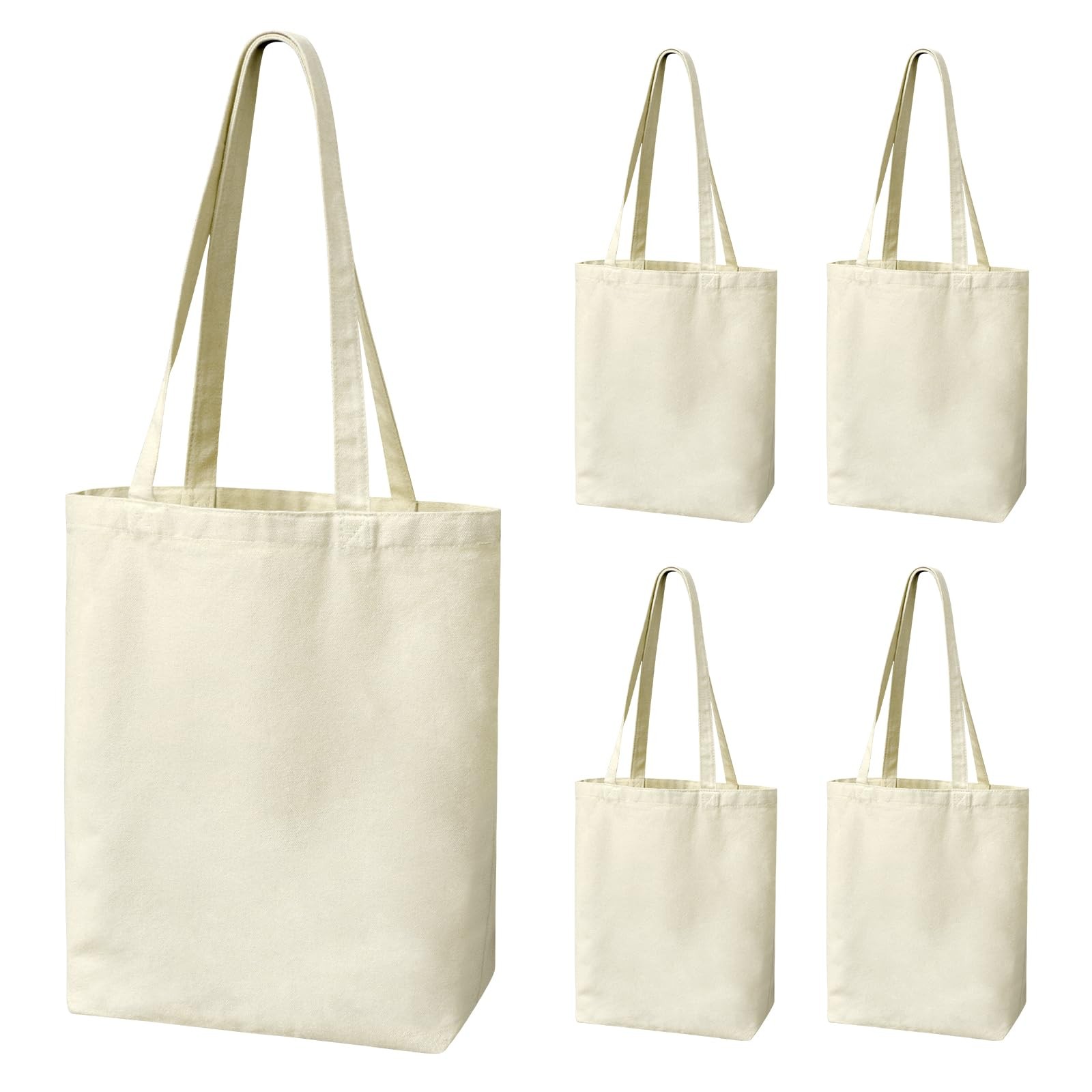 5-Pack 15.7″x13.8″ Natural Canvas Cotton Tote Bags, Lightweight Medium Reusab…