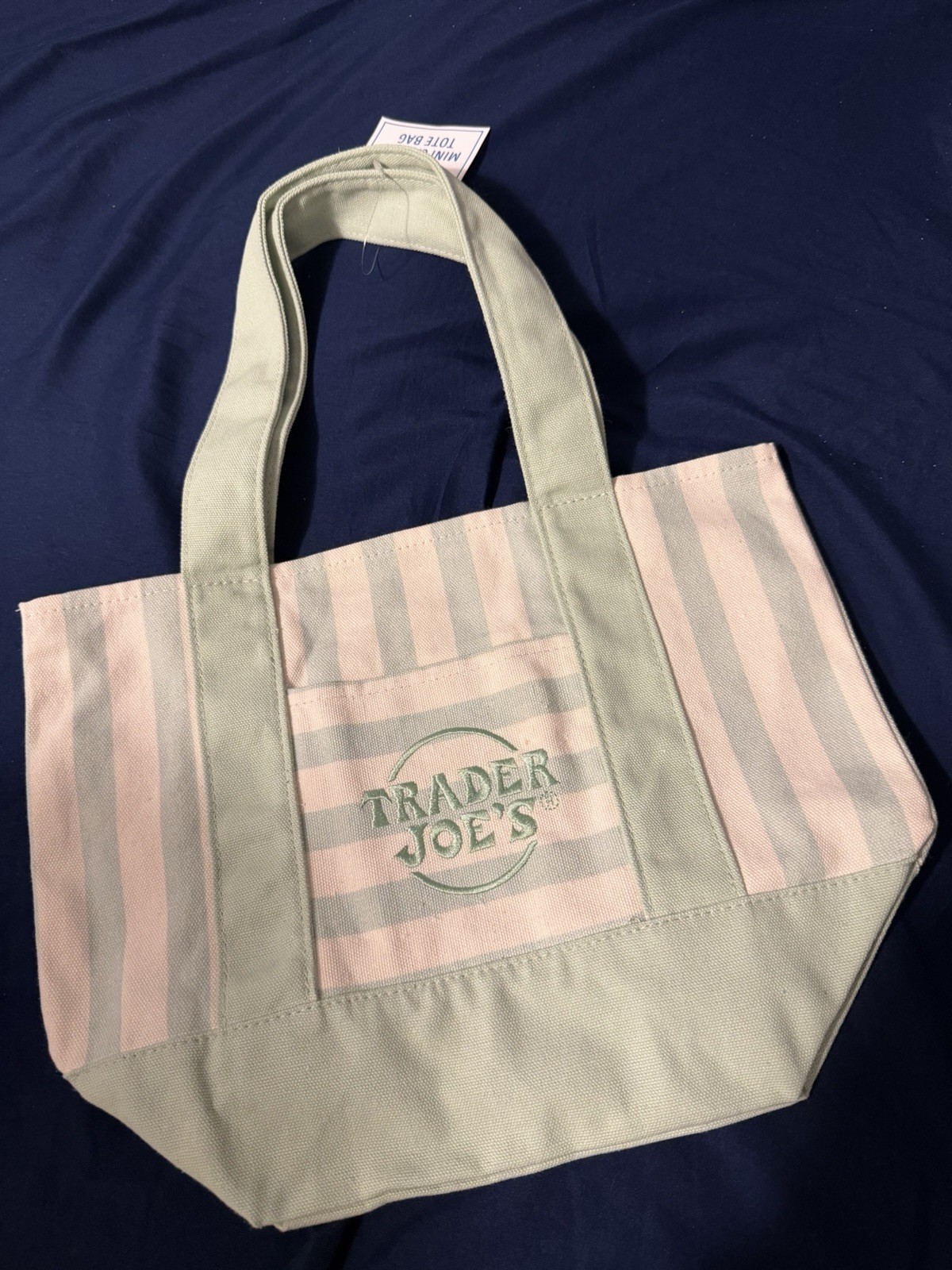 Trader Joe’s Small Reusable Tote Bag Green & White Striped Polyester/Cotton