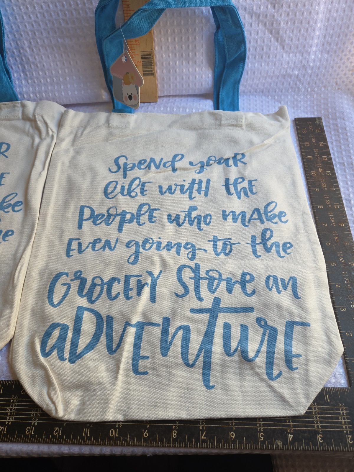 White & Light Blue Canvas Foldable Reusable Shopping Bag with Text Print Lot Of2