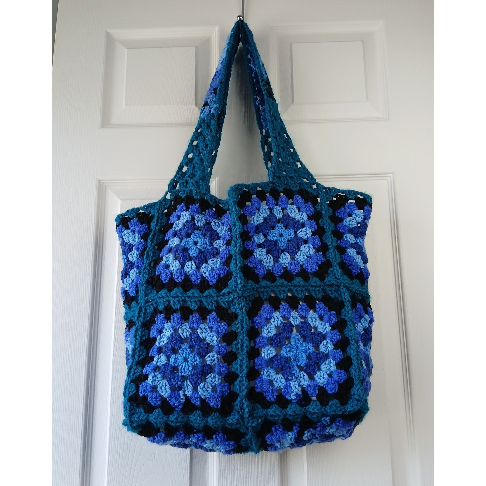 Granny Square Tote Bag Beach Bag reusable grocery sack blue teal black handmade