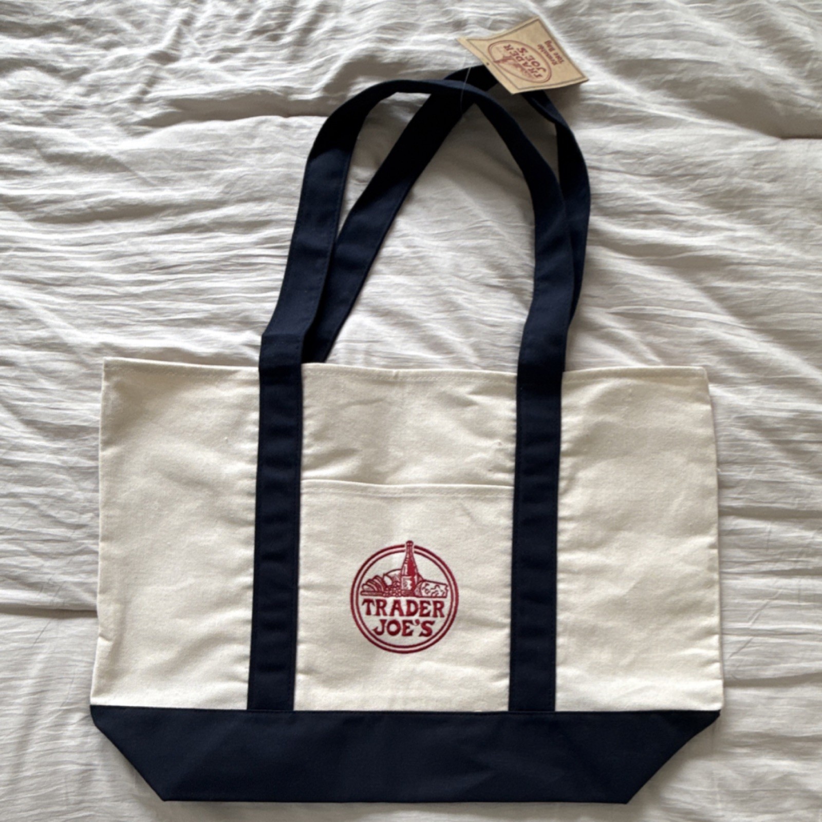 Trader Joe’s Foldable Canvas Reusable Tote Bag Beige Navy Blue Solid Pattern