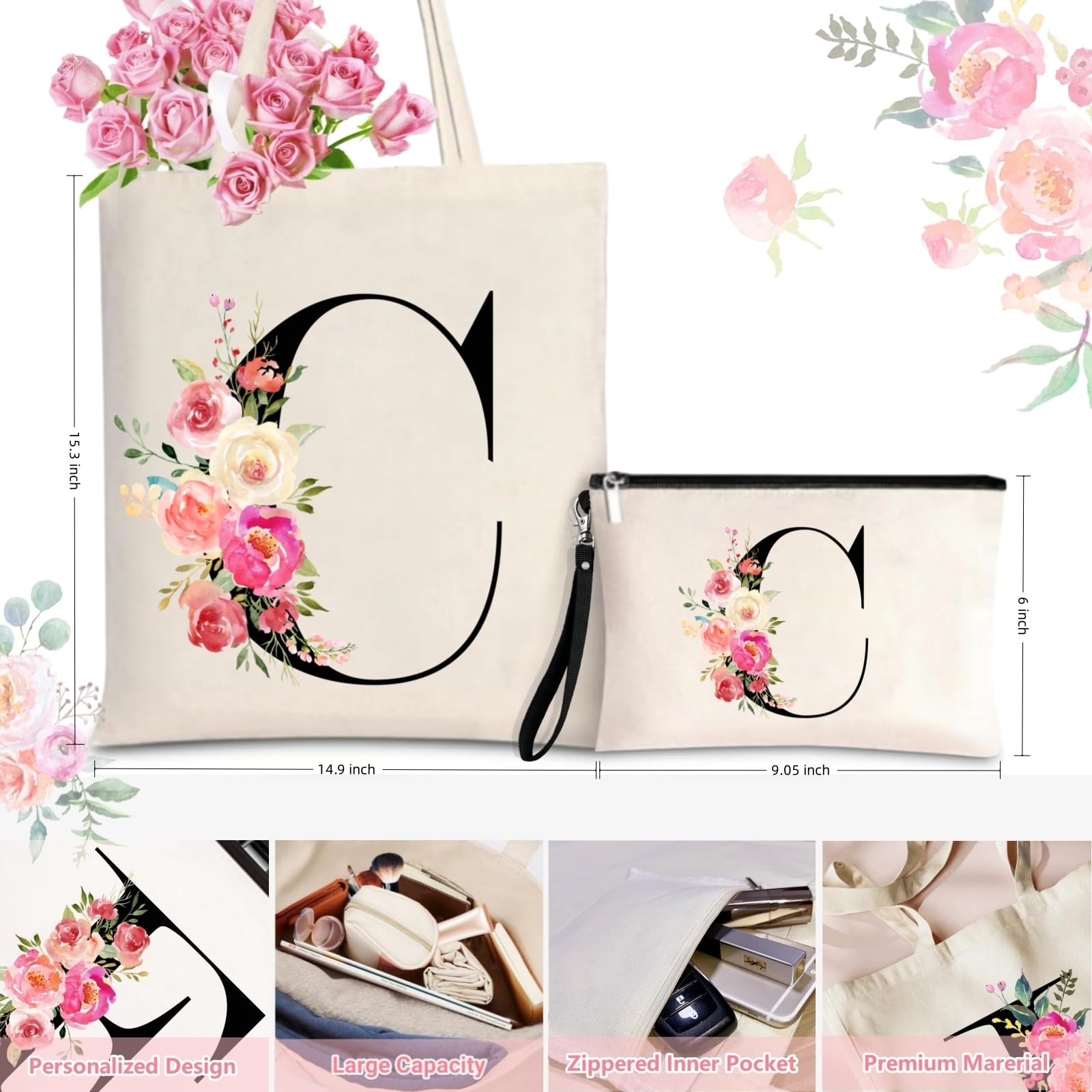 Initial Canvas Tote Bag for Women, Personalized Monogrammed Tote Btags with M…