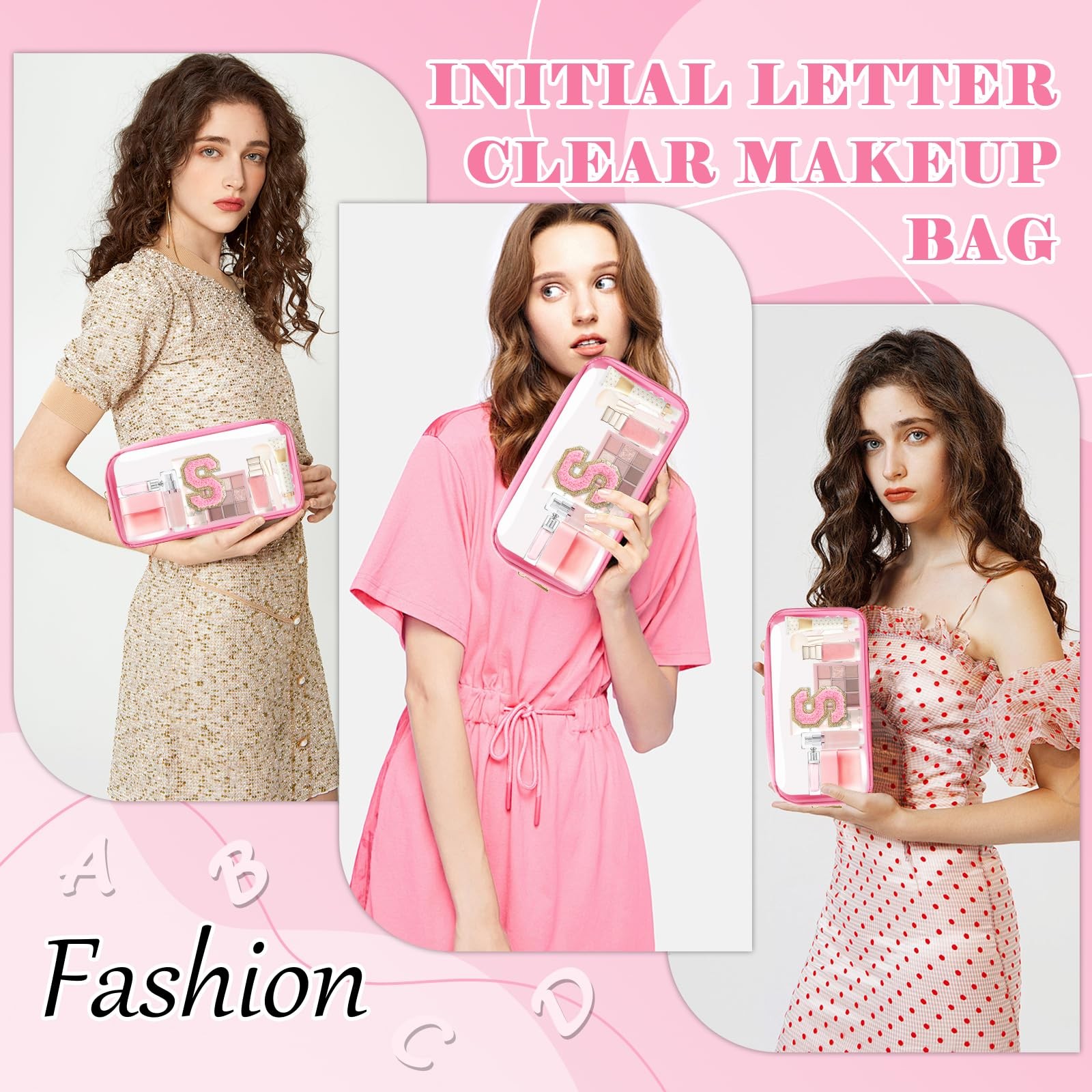 Personalized Initial Letter Clear Makeup Bag,Preppy Small S, Small-Pink