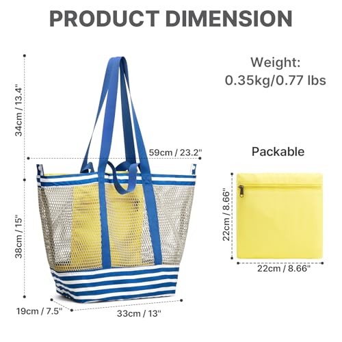 Mesh Beach Bags for Women Men Extra Large Packable Beach Tote Blue & Yellow
