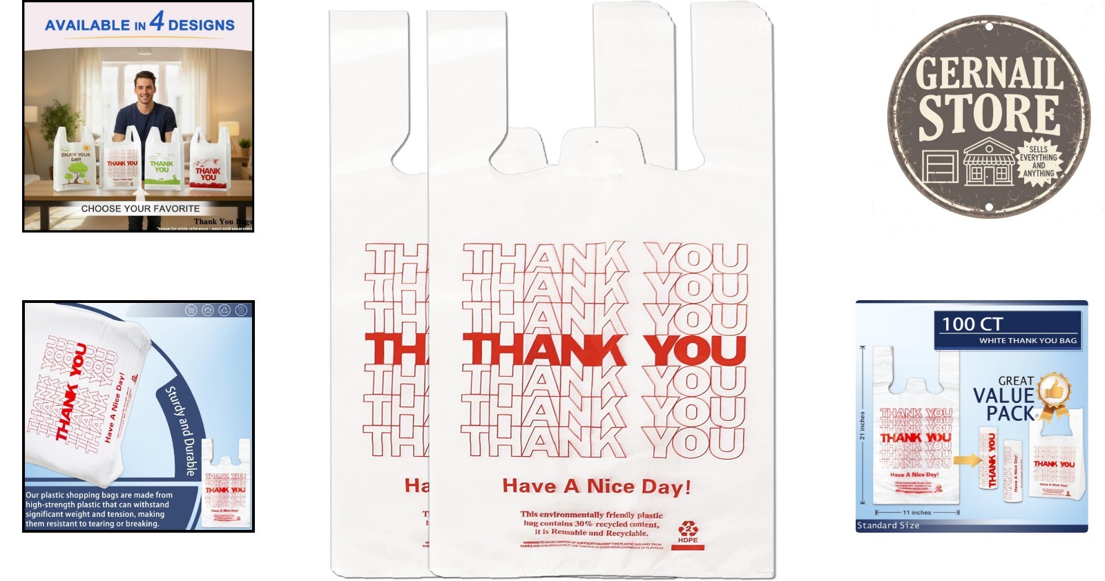 100 Count White Thank You T-Shirt Bags – Reusable & Disposable Grocery Solution