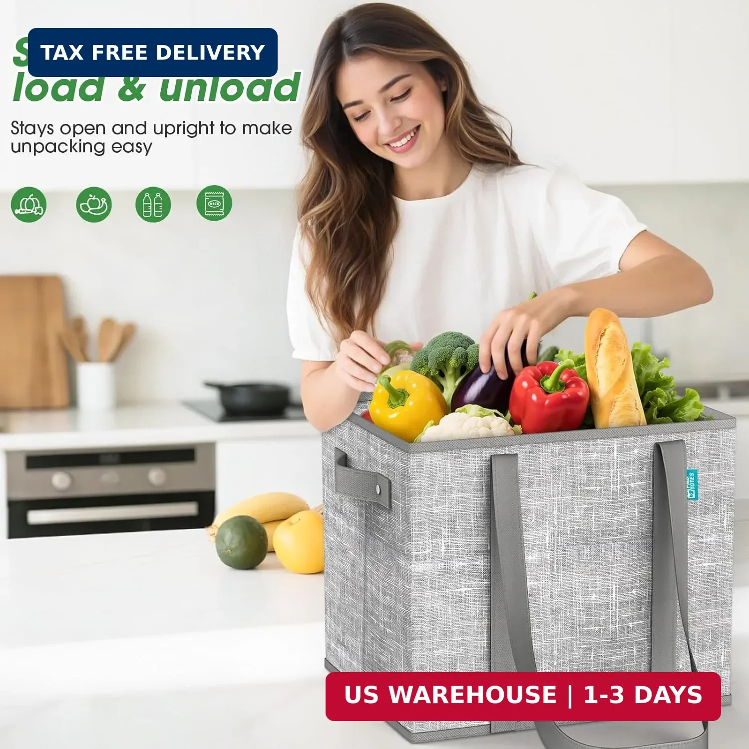 Reusable Grocery Bags 3 Pack Large Foldable Shopping Tote w/ Hard Bottom Grey