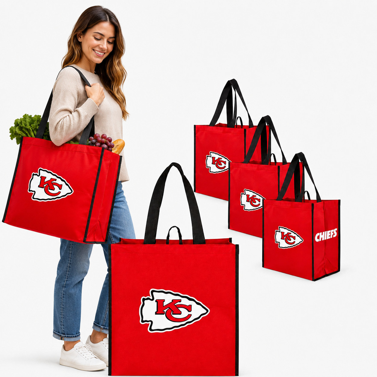 Kansas City Chiefs Reusable Tote Bags Set of 4 Red Handle Shopping Bags KC Logo