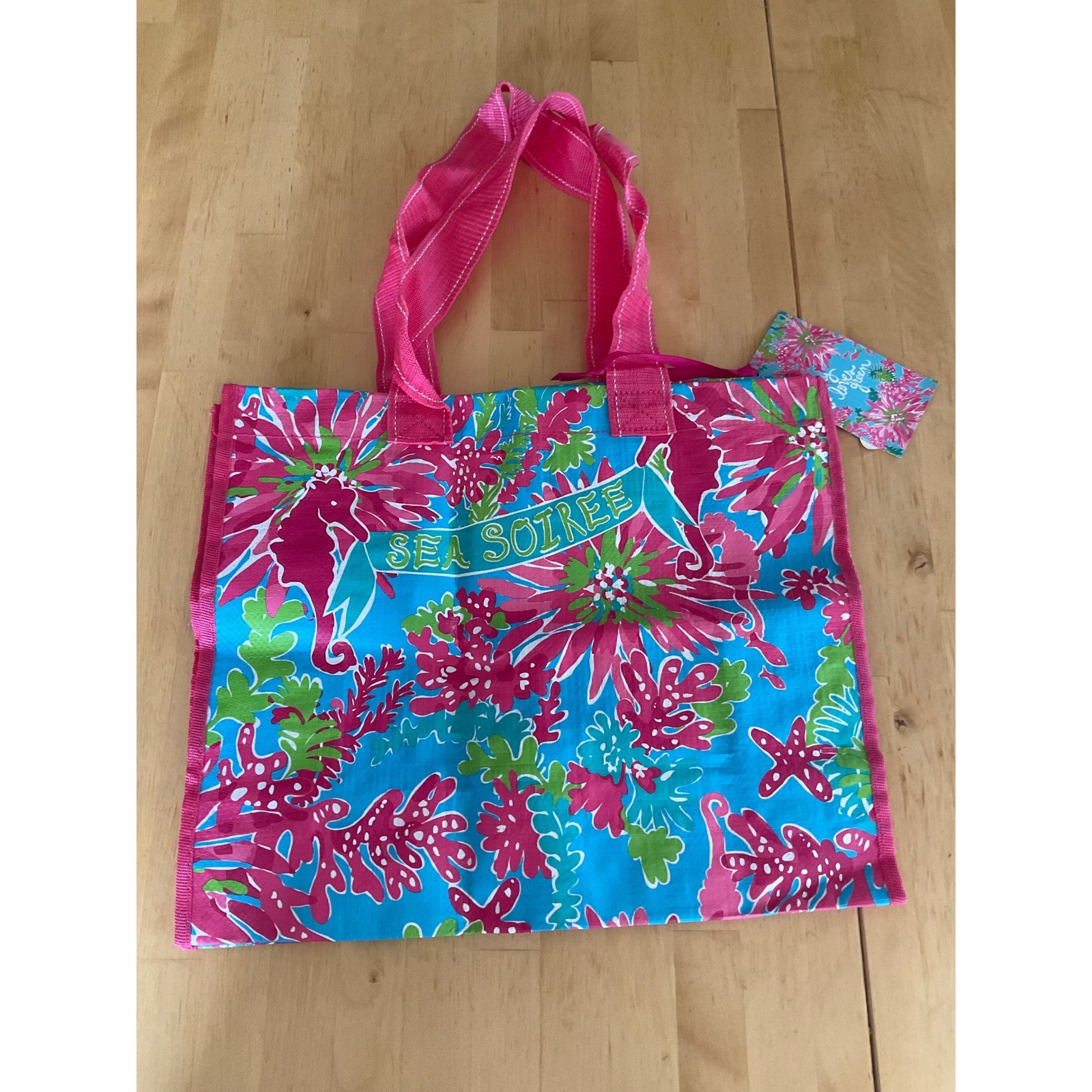 Lilly Pulitzer Sea Soiree Market Bag Reusable Shopping Tote Pink Blue Seahorse