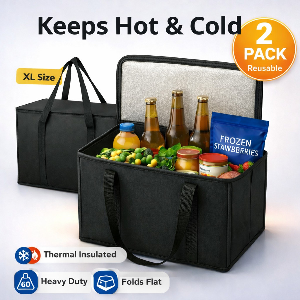 2 Pack XL Insulated Grocery Bags Reusable Thermal Cooler Tote Zip Top Hot & Cold