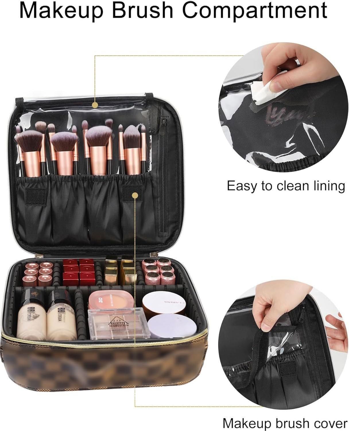 WANNES Brown Checkered Makeup Bag Organizer Travel makeup bag