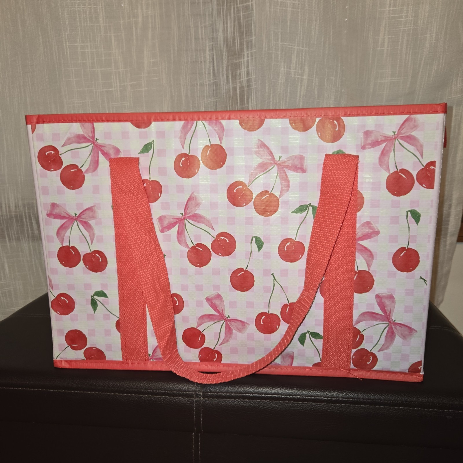 Collapsible Box Tote Cherry Gingham Bows Reusable Folds Flat Heavy Duty NEW