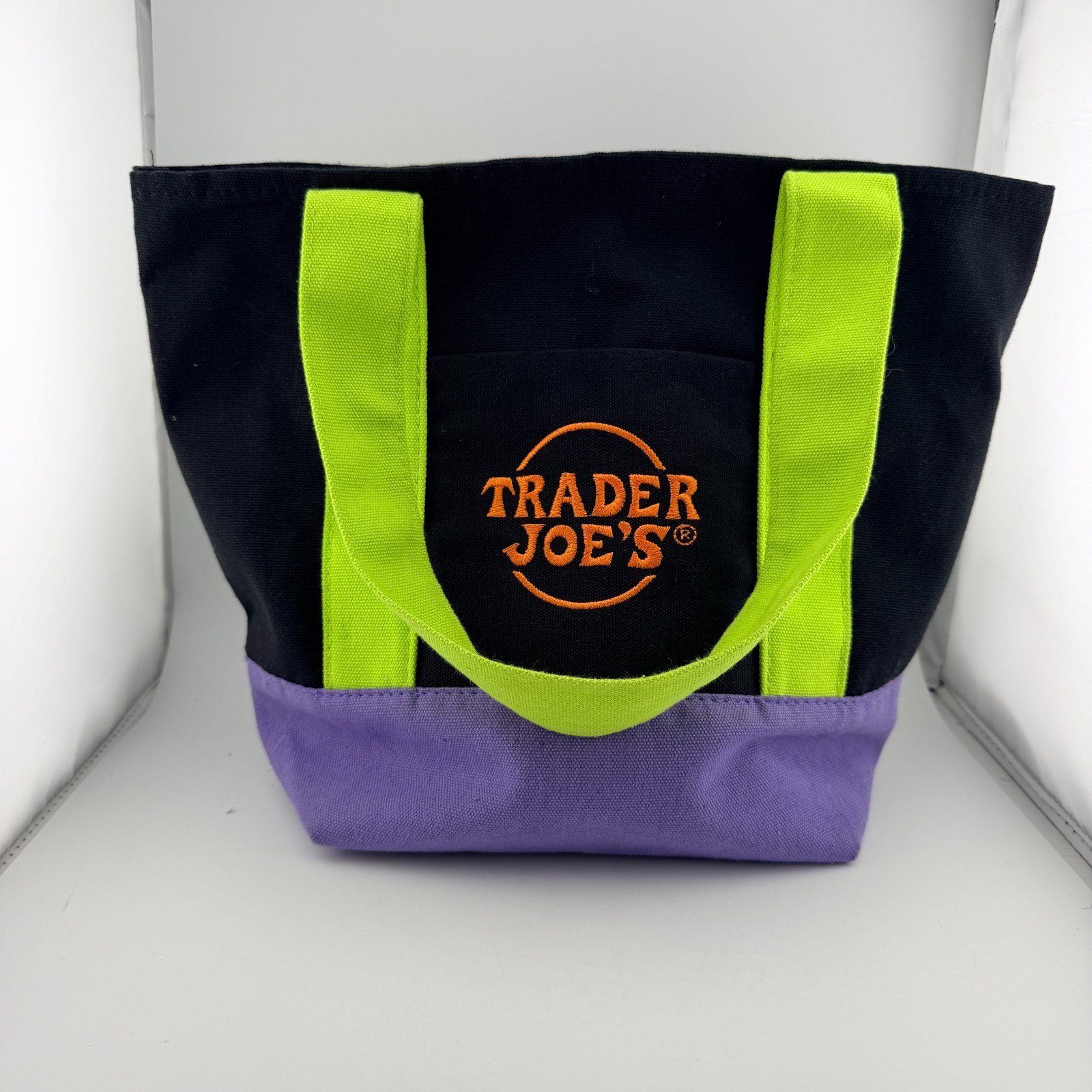 Trader Joe’s Halloween Mini Canvas Tote Black w/green Straps, Purple, w/tags