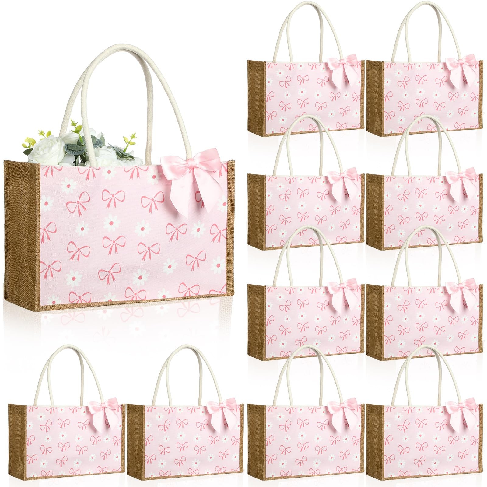12 Pcs Burlap Tote Bag with Handle Coquette Bowknot Daisy Flower Reusable Bag…
