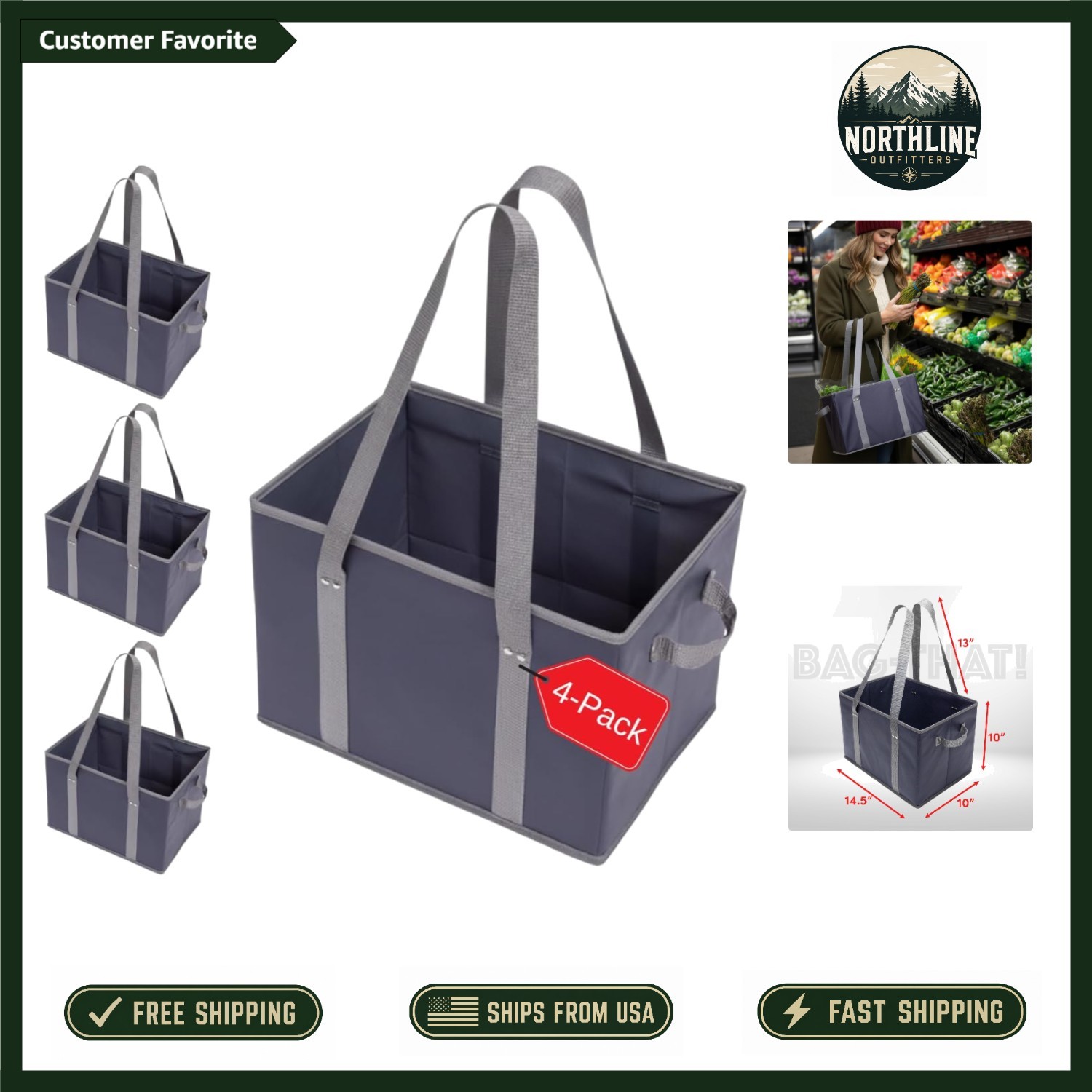 Durable 4 Pack Shopping Bags with Strong Handles – Navy Blue/Gray, Easy Clean