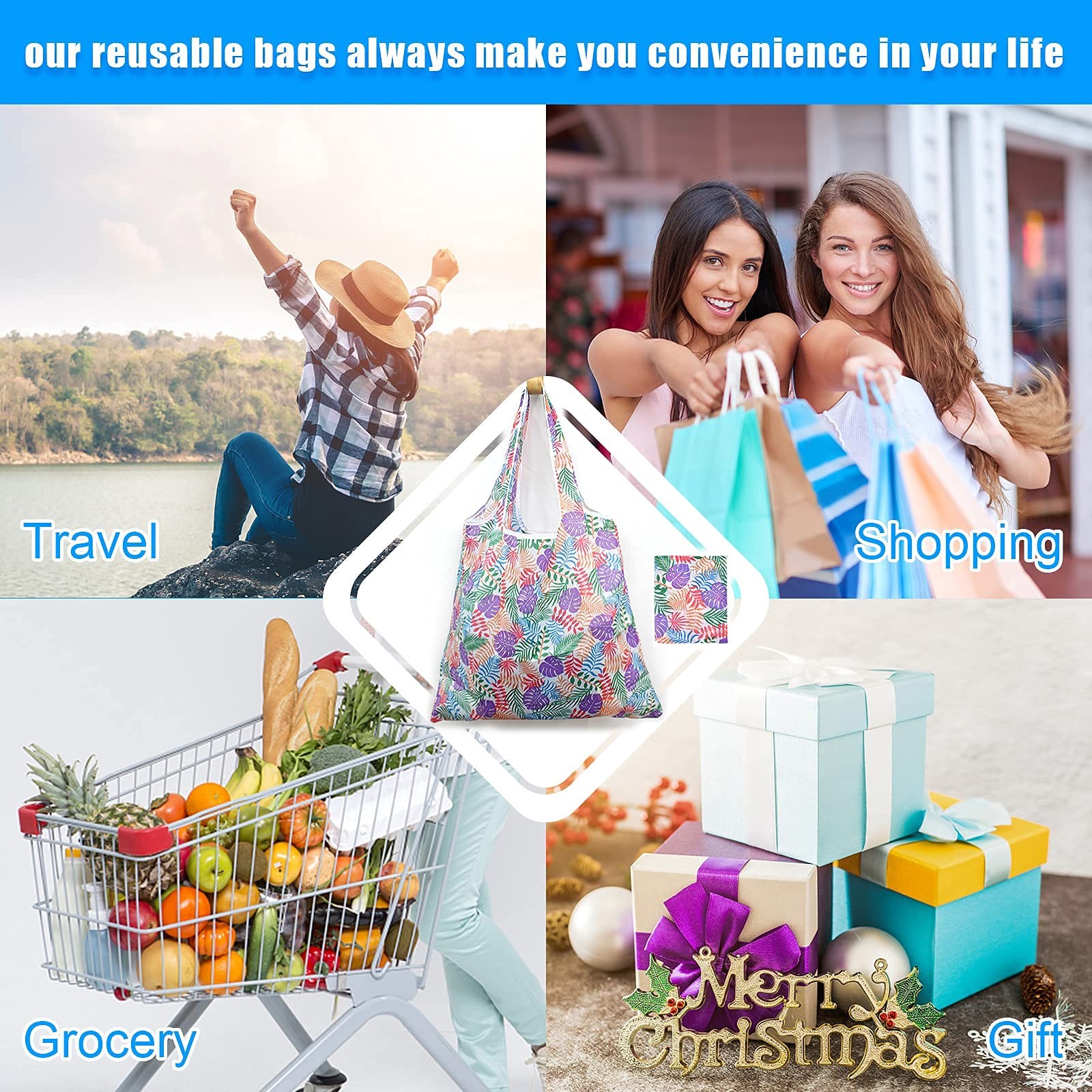 6 PCS Xlarge Reusable Grocery Bag 50LBS Foldable Washable Ripstop Nylon Tote