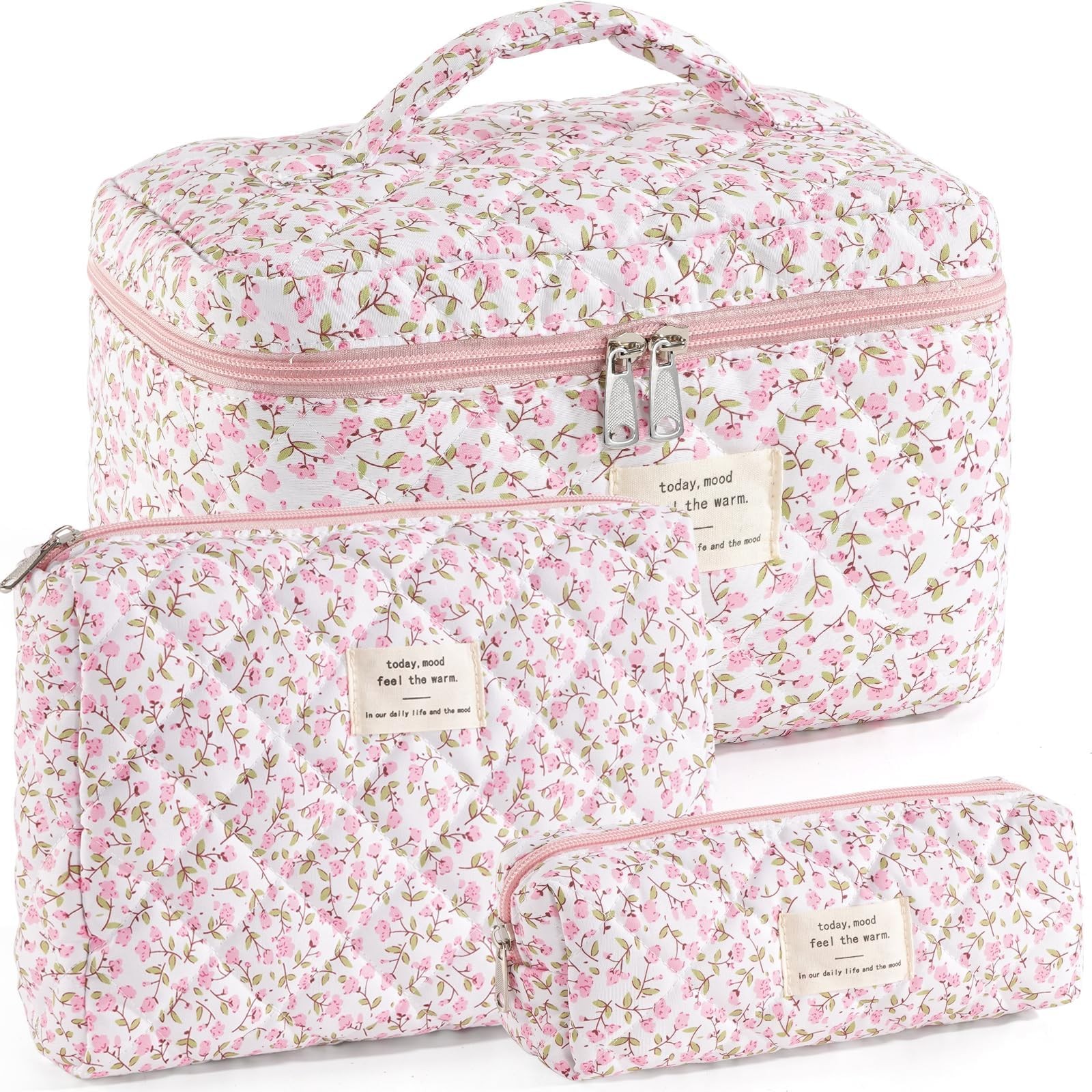 UUYUUY Makeup Bag for Women 3PCS Quilted Cotton Make Up Pink Floral D