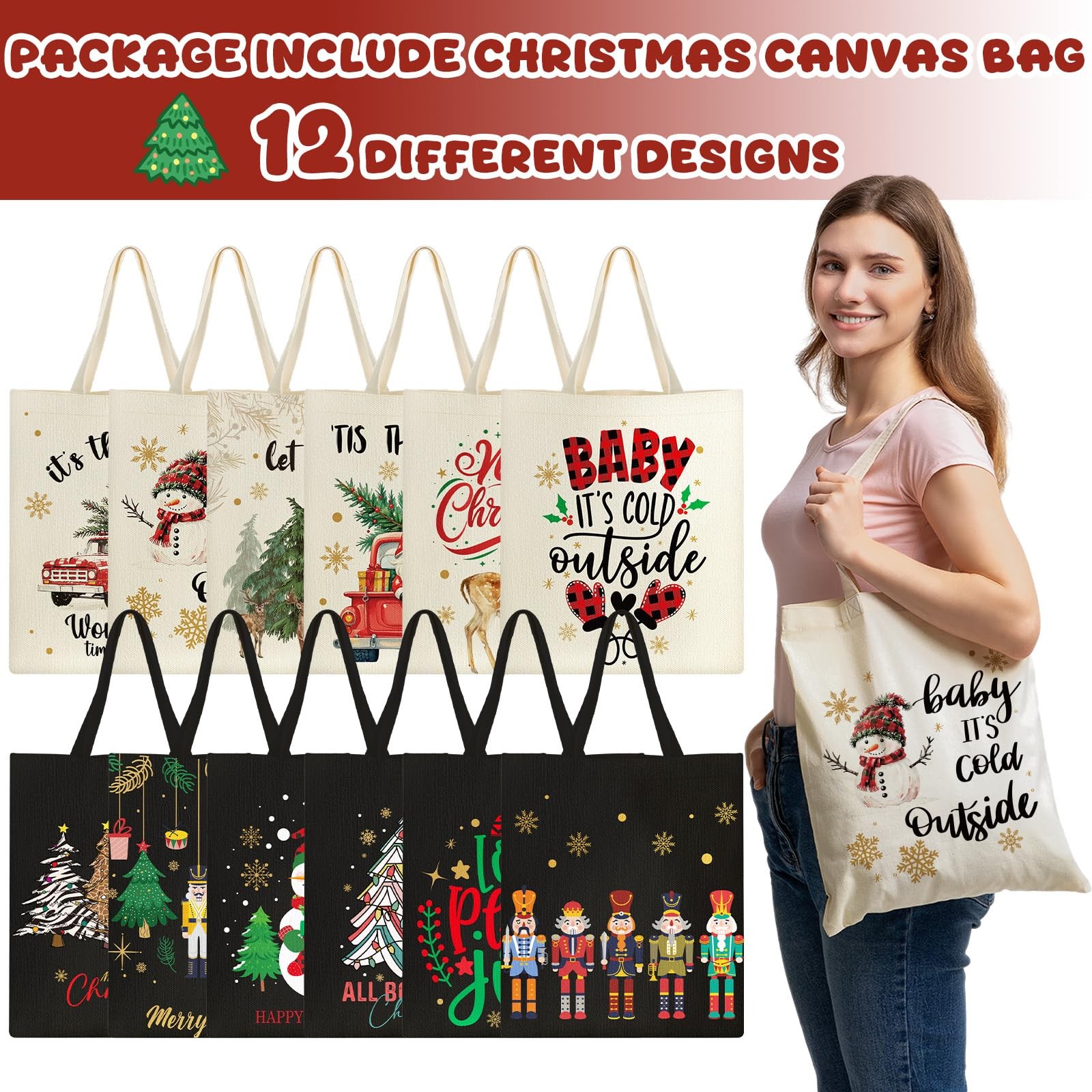 12 Pack Christmas Tote Bags with Pockets, Reusable Canvas Holiday Gift Bags, …