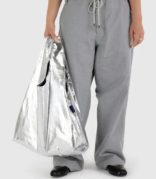 BAGGU Standard Reusable Foldable Shopping Bag Tote Metallic Silver and Blush