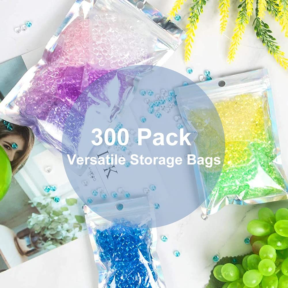 300 Pack 3 Sizes Resealable Mylar Bags Food Storage One Size, Holographic