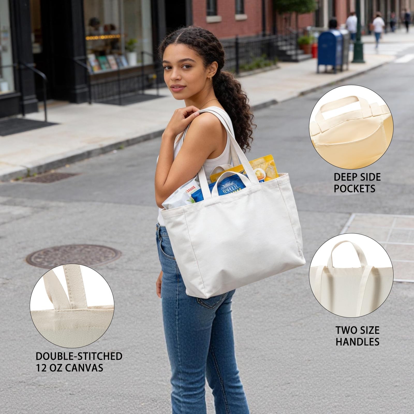 Canvas Grocery Bags Canvas Tote Bag with Long Shoulder Strap and Short Handle…