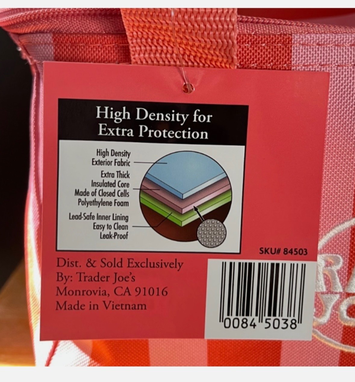 Trader Joes mini insulated red and pink stripes bag