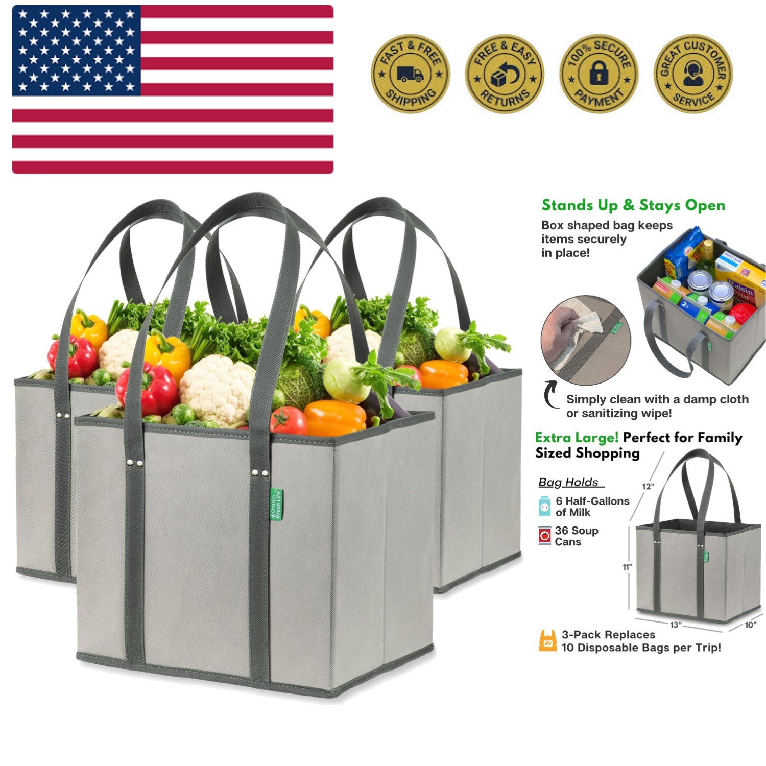 Reusable Grocery Bags 3 Pack – Heavy Duty Reusable Shopping Bags with Box Sha…