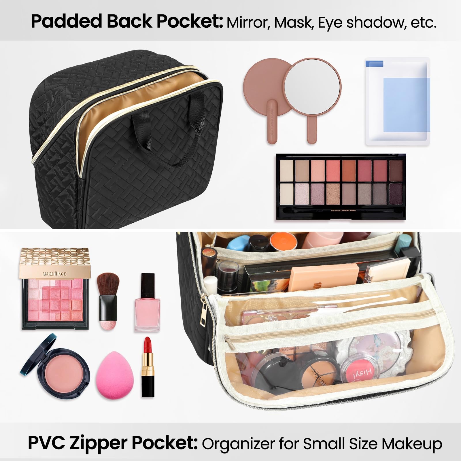 JOYYTUU Makeup Bag, Large Capacity with Room for Brushes and Mirror, Black