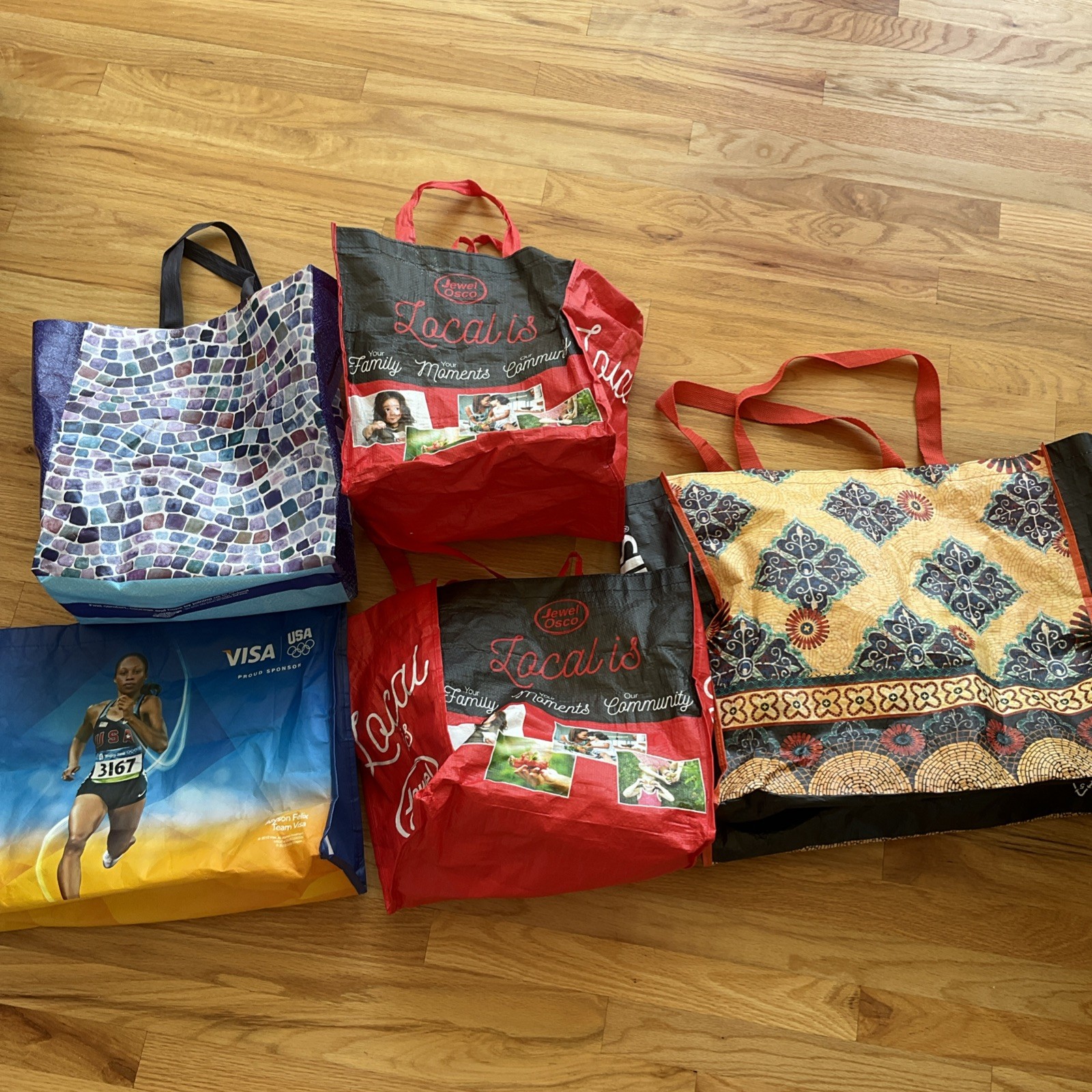 Mixed Lot of 5 Reusable Shopping Tote Bags Medium to Large Sizes Assorted
