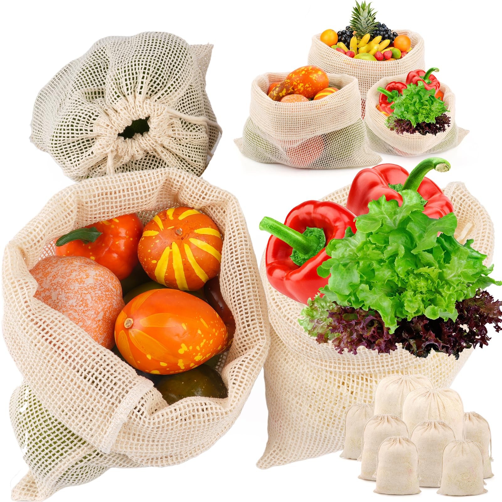 PEASUG 8 Pack Reusable Produce Bags 2 × XL, 2 × L, 2 × M, 2 × S, Beige