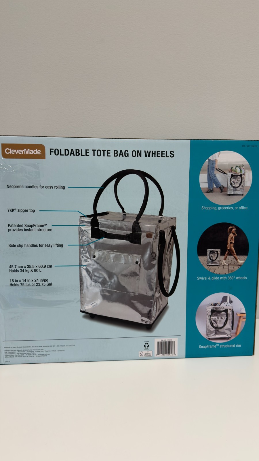 CleverMade Foldable Tote Bag on Wheels Soft Grip Silver Capacity: 90L & 75 lbs.
