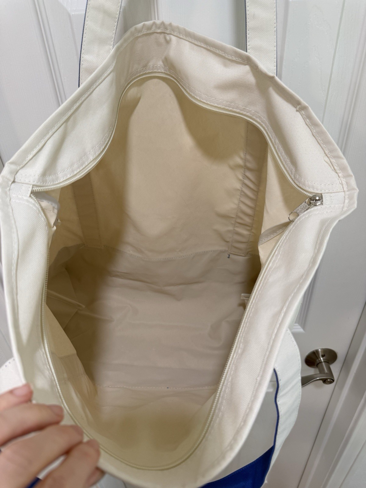 Costco Large Blue and White Zipper Cotton Canvas Shopping Tote Bag Reusable 15”