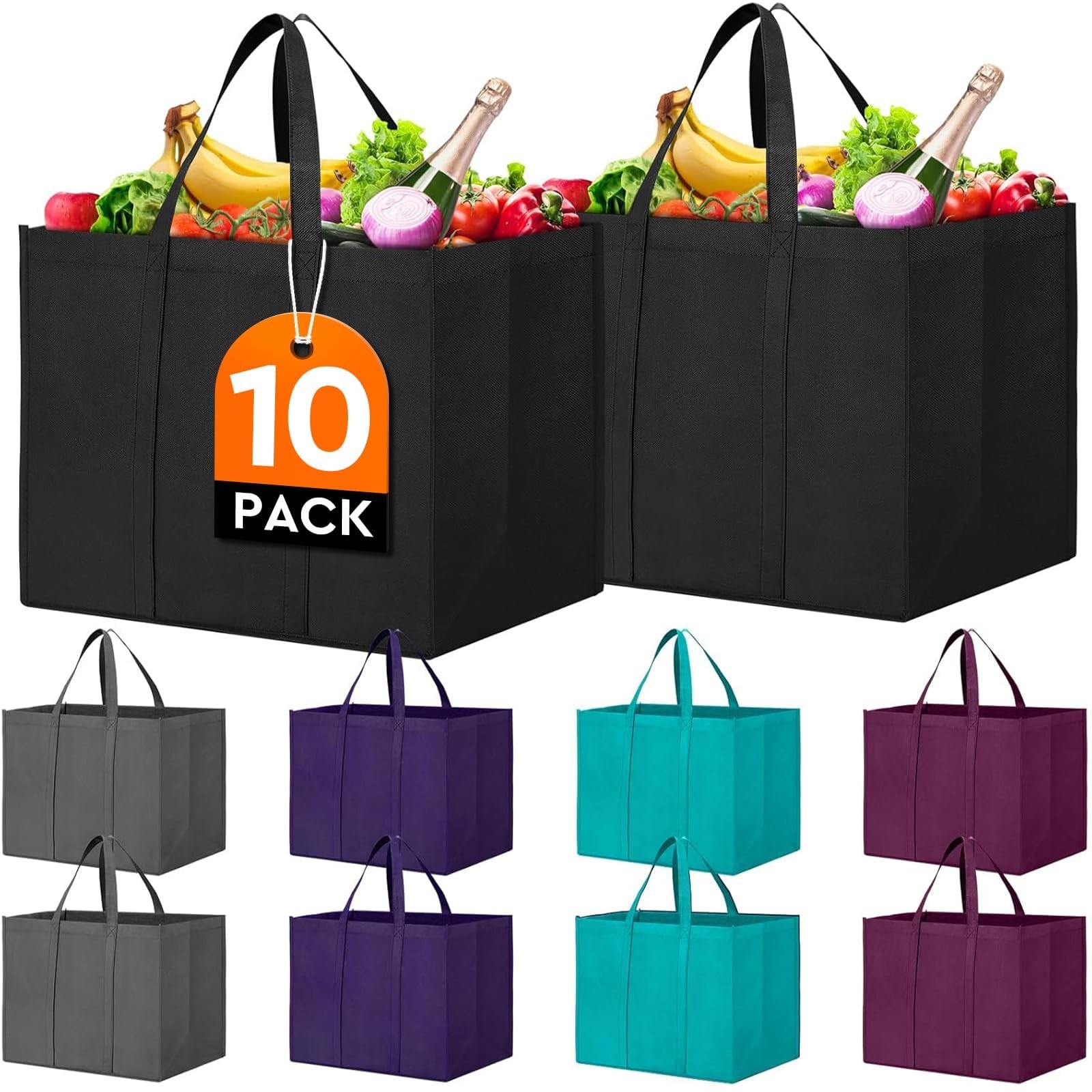 WISELIFE Reusable Grocery Shopping Bags 10 Pack Large Foldable Tote Bags Bulk…