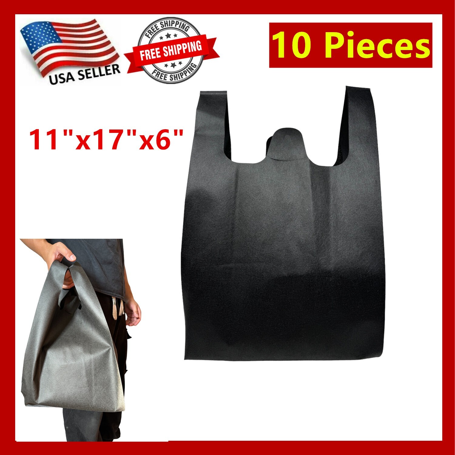 10Pcs Non Woven Reusable Grocery Shopping Tote Bags Recycled Black 11″x17″