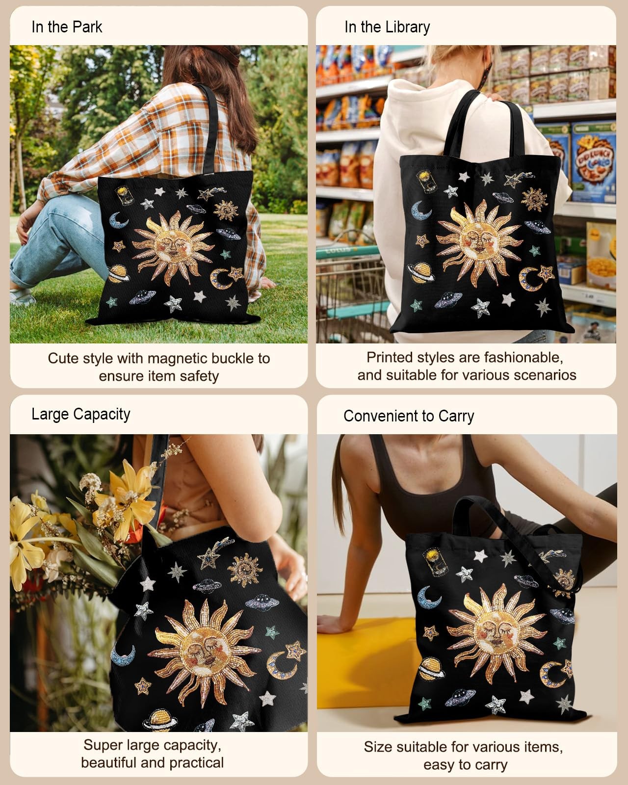 Miss Adola Canvas Tote Bag for Women – Aesthetic One Size, Sun Planets