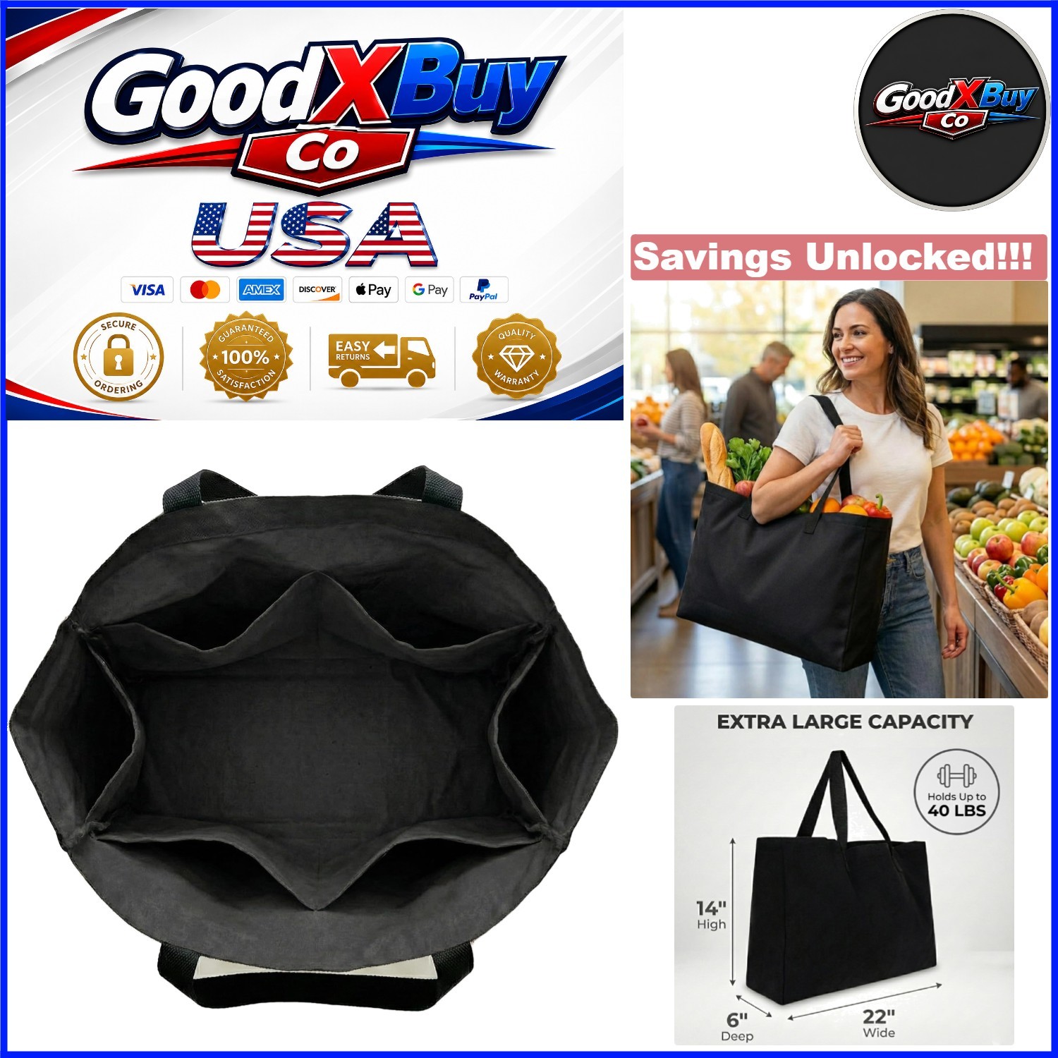 Extra Large Canvas Tote Bag Heavy Duty Reusable Grocery Shopping Black