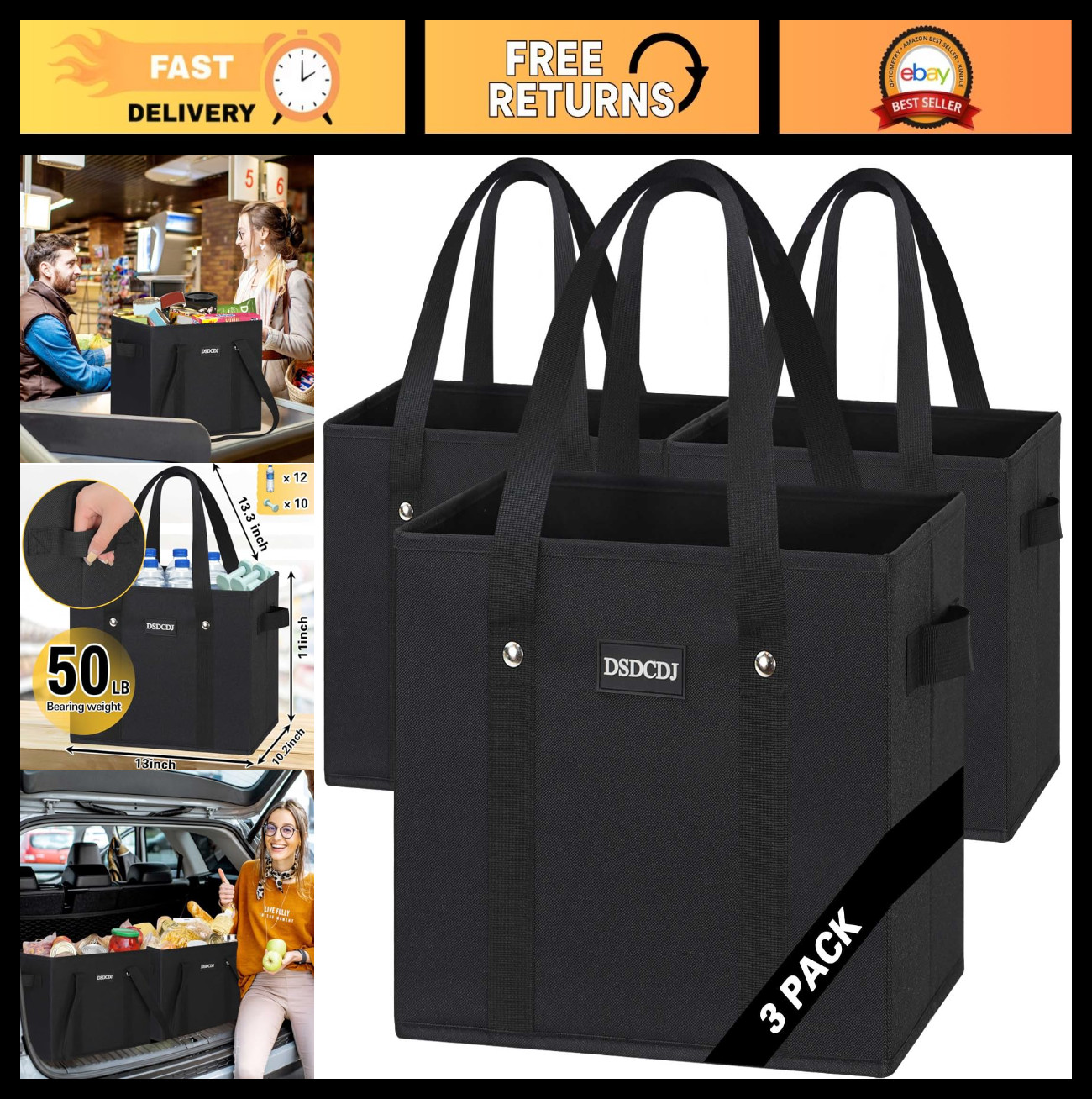 Heavy Duty Reusable Grocery Bags 3 Pack – Stand Up Shopping Bags with Long Handl